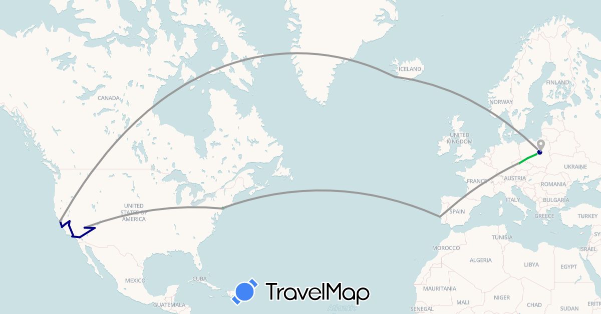 TravelMap itinerary: driving, bus, plane in Czech Republic, Iceland, Poland, Portugal, United States (Europe, North America)