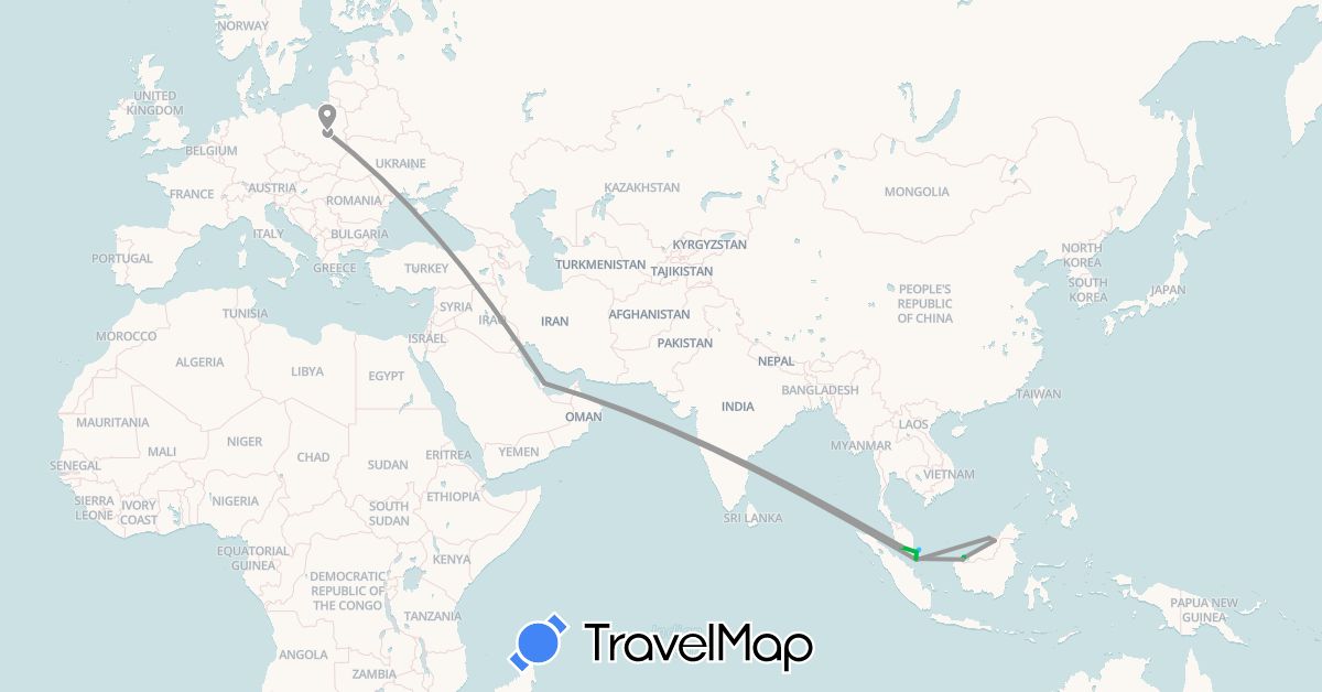 TravelMap itinerary: bus, plane, boat in Malaysia, Poland, Qatar, Singapore (Asia, Europe)